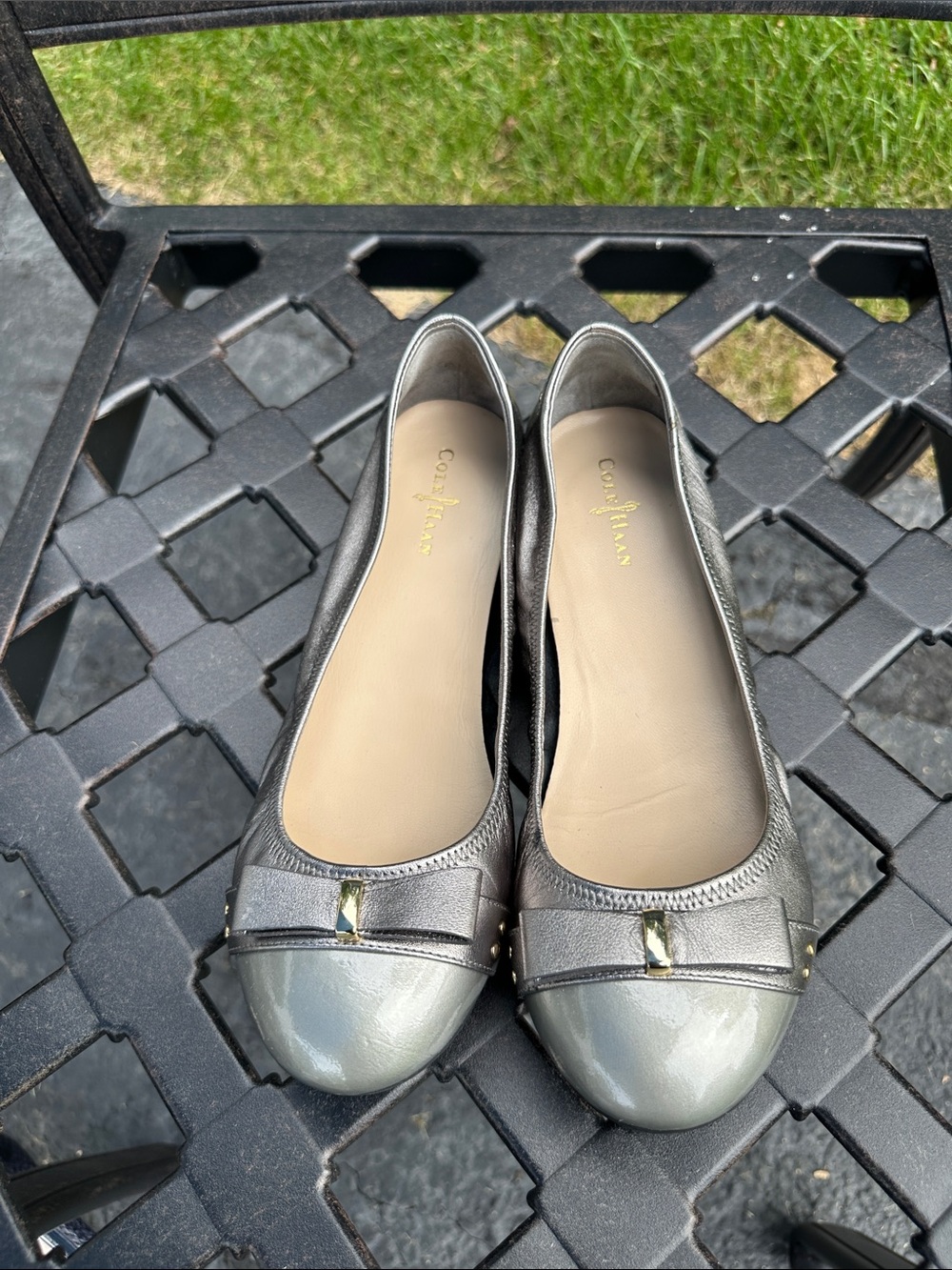Cole Haan Metallic Silver-Gray Bow Ballet Flats